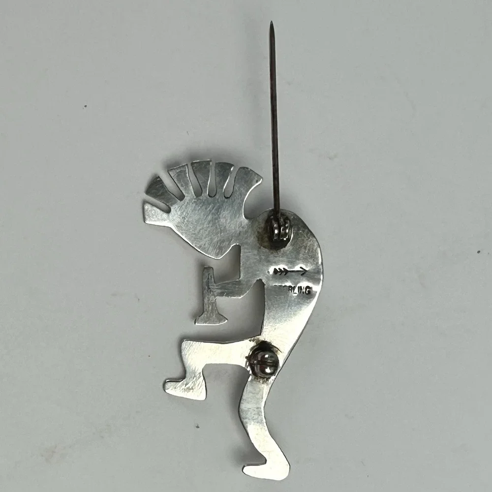 Kokopelli Sterling Silver Red Coral Brooch Pin Arrow Hallmark 3.45g